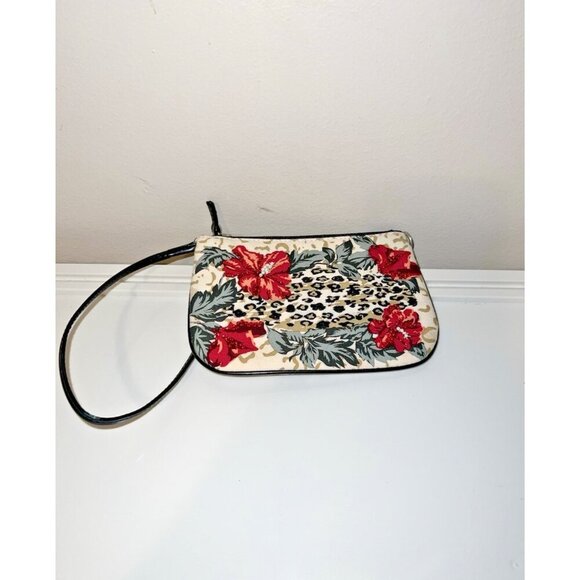 Leopard Animal Print Hibiscus Faux Leather Handle Trim Wristlet Wallet - Picture 2 of 11